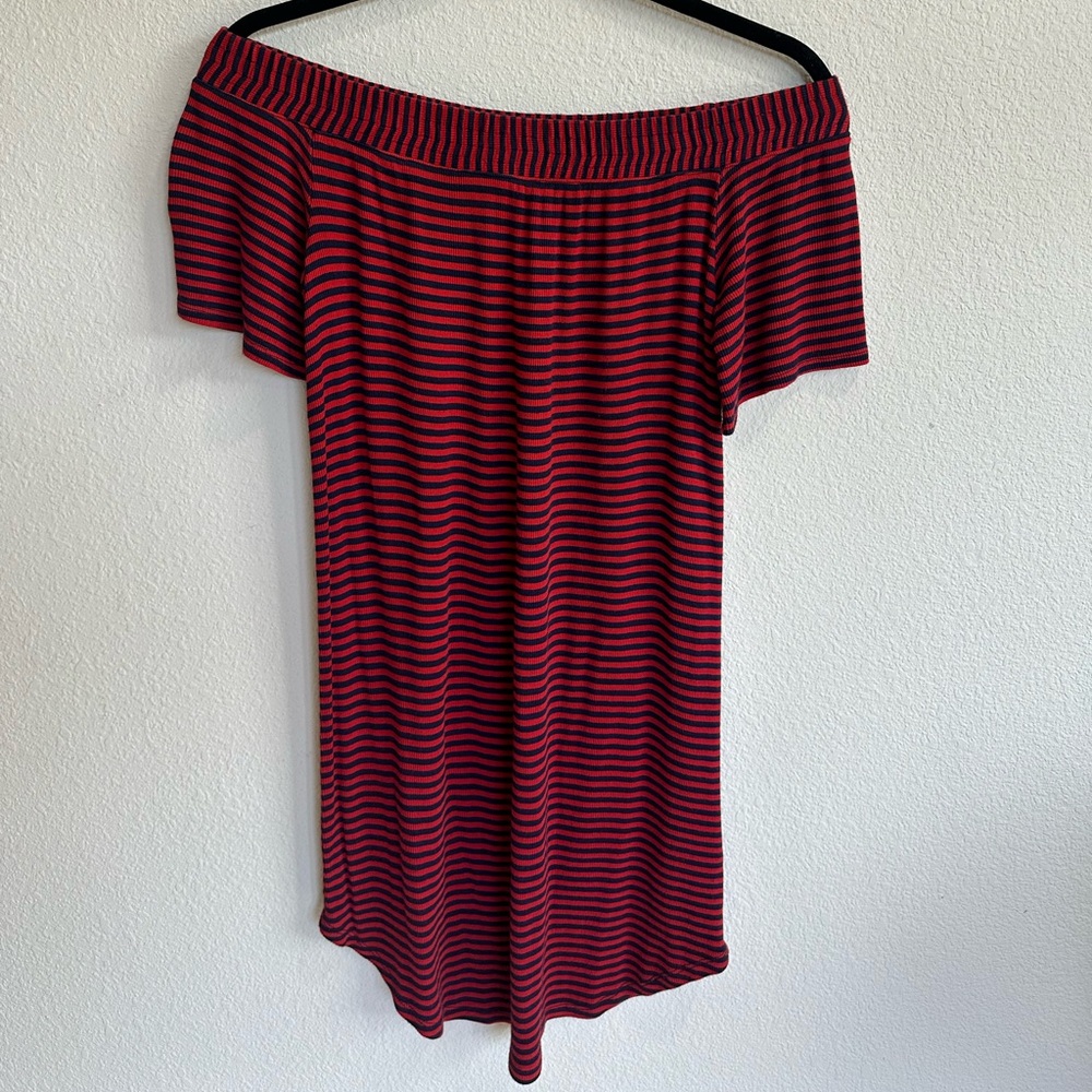Splendid Red and Blue Off the Shoulder Striped Dress